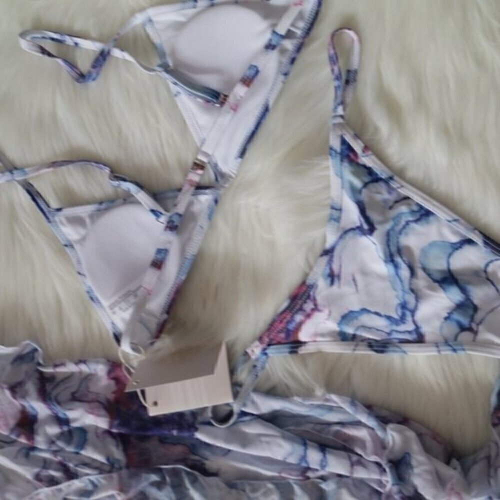 NEW Blue White Purple 3 Piece Marble Watercolor Sexy Bikini Set Size Large - Picture 6 of 7